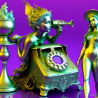 Vibrant digital art: Winged cherub, female figure, telephone, starry pattern on