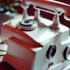 Classic Rotary Telephone with White Base on Wooden Surface