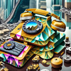 Vibrant surreal digital art: vintage telephones in fantastical cityscape.