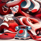 Surreal Woman's Face with Abstract Shapes and Antique Telephone on Rocky Landscape