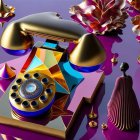 Colorful Stylized Image: Retro Rotary Phone, Melting Droplets, Flames, Black Fig