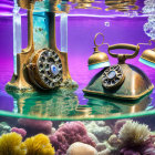 Surreal underwater scene with vintage telephone, fish receivers, coral reef, clock