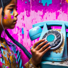 Girl with Headphones Listening to Vintage Blue Rotary Phone Against Graffiti Wall