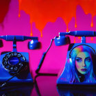 Vintage Telephones on Neon Pink and Blue Backdrop with Melting Effects