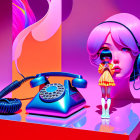 Vibrant illustration: girl with purple hair, headphones, retro blue telephone, colorful geometric background