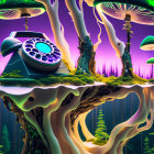 Colorful digital artwork: Fantastical mushroom forest with glowing caps and futuristic DJ booth structure.