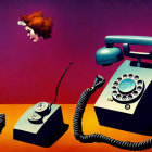 Colorful Surreal Artwork with Vintage Telephone and Stylized Character