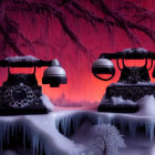 Vintage telephones on frozen surface with icicles against mystical forest backdrop