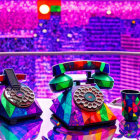 Colorful geometric rotary phones & ink bottles on reflective surface with bokeh background