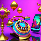 Vintage phone with modern elements on purple background with speaker, baubles, smartphone, and flowers.