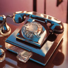 Vintage Black and Silver Ornate Telephone on Reflective Surface