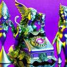 Colorful Setting with Three Metallic Mermaid Statue Figures