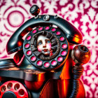 Vintage Telephone with Doll Face Dial and Colorful Buttons on Pink Background