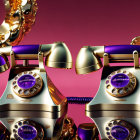 Vintage-style gold and purple telephones on luxurious pink and gold background