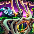 Futuristic turntable on neon-glowing mushrooms in vibrant fantasy forest