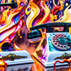 Colorful retro rotary telephone and keyboard with flame designs on fiery background