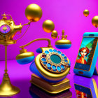 Surreal fusion of rotary phone and smartphone on purple background