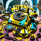 Colorful surreal painting of yellow and black rotary telephone in whimsical scene