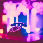 Vintage rotary phone on table with soft pink and purple lighting