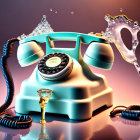 Vintage Turquoise Rotary Phone with Water Splashes on Purple Gradient Background