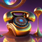 Surreal digital artwork of golden telephone with eye on cosmic purple sky