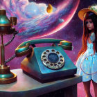 Girl in Star-Patterned Dress with Vintage Phone in Cosmic Setting