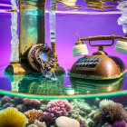 Vintage Telephone and Cash Register Submerged in Water with Coral Reef and Purple Background