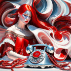 Vibrant red-haired woman in red dress with abstract swirls and classic telephone in red, white