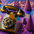 Vibrant surreal artwork: golden rotary phone, flowing shapes on purple.