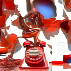 Red contemplative woman sculpture on classic telephone with abstract shapes in white and red color scheme