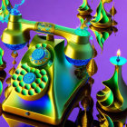 Surreal golden rotary phone & melting candles on purple background