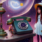 Whimsical girl illustration with cosmic-themed vintage telephone