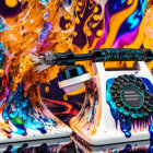 Vibrant vintage rotary telephone with liquid art eruption on psychedelic background