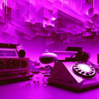 Retro-futuristic purple room with vintage electronics and oversized hanging décor