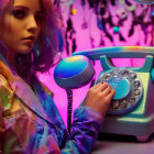 Colorful Hair Woman with Vintage Blue Rotary Phone in Purple Lit Room