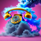 Vintage Orange Rotary Phone Floating in Surreal Cloudscape