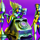 Surreal digital artwork with metallic figures and classic objects on purple backdrop