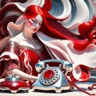 Surreal illustration of woman with flowing red hair and vintage telephone on whimsical background