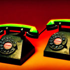 Vintage Rotary Dial Telephones with Illuminated Green Handsets on Red Background