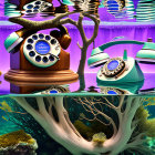 Surreal underwater scene with vintage rotary phones as trees and coral-like structures