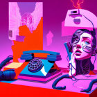 Retro-futuristic woman with headpiece surrounded by vintage electronics on purple and red background