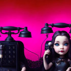 3D-rendered image of doll with blue eyes and vintage phones on pink background