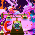 Colorful vintage telephone art with whimsical flower explosion.