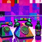 Colorful Psychedelic Artwork with Vintage and Mobile Phones