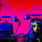 Colorful digital artwork: telephone, girl with blue hair, neon pink and purple backdrop