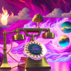 Surreal golden retro telephone with flaming handset and burning tree in swirling landscapes on pink-purple backdrop