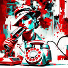 Stylized illustration of woman with vintage microphone and rotary phone on abstract red and white background