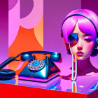 Colorful 3D digital art: Female figure with pink hair and headphones beside retro telephone