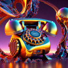 Colorful surreal rotary phone melting with liquid splashes on purple and orange background