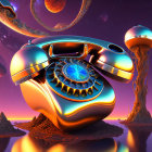 Surreal digital artwork of metallic rotary phone in twilight sky